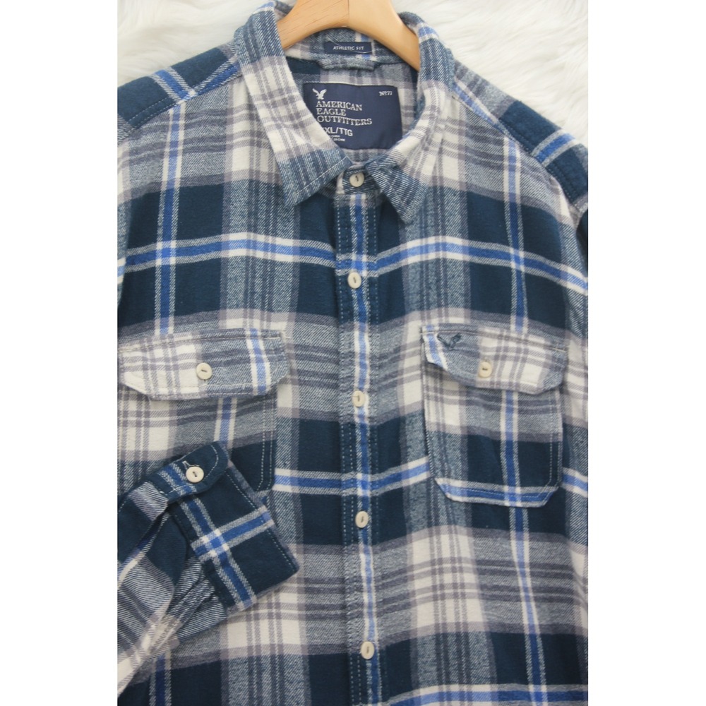 American Eagle Outfitters Athletic Fit Flannel Shirt XXL Men's Blue Cabincore